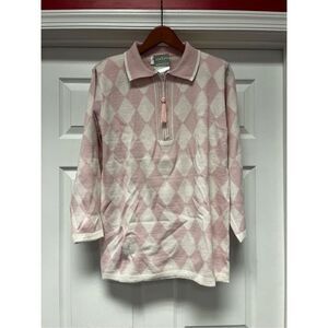 Vintage Adolfo Pink & White Argyle Quarter Zip Sweater Sz S  Acrylic Wool NWT
